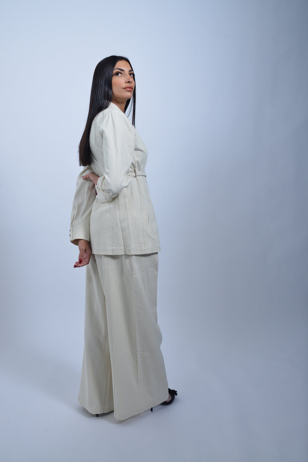 Blazer Ceinturé en Coton & Lin – Beige