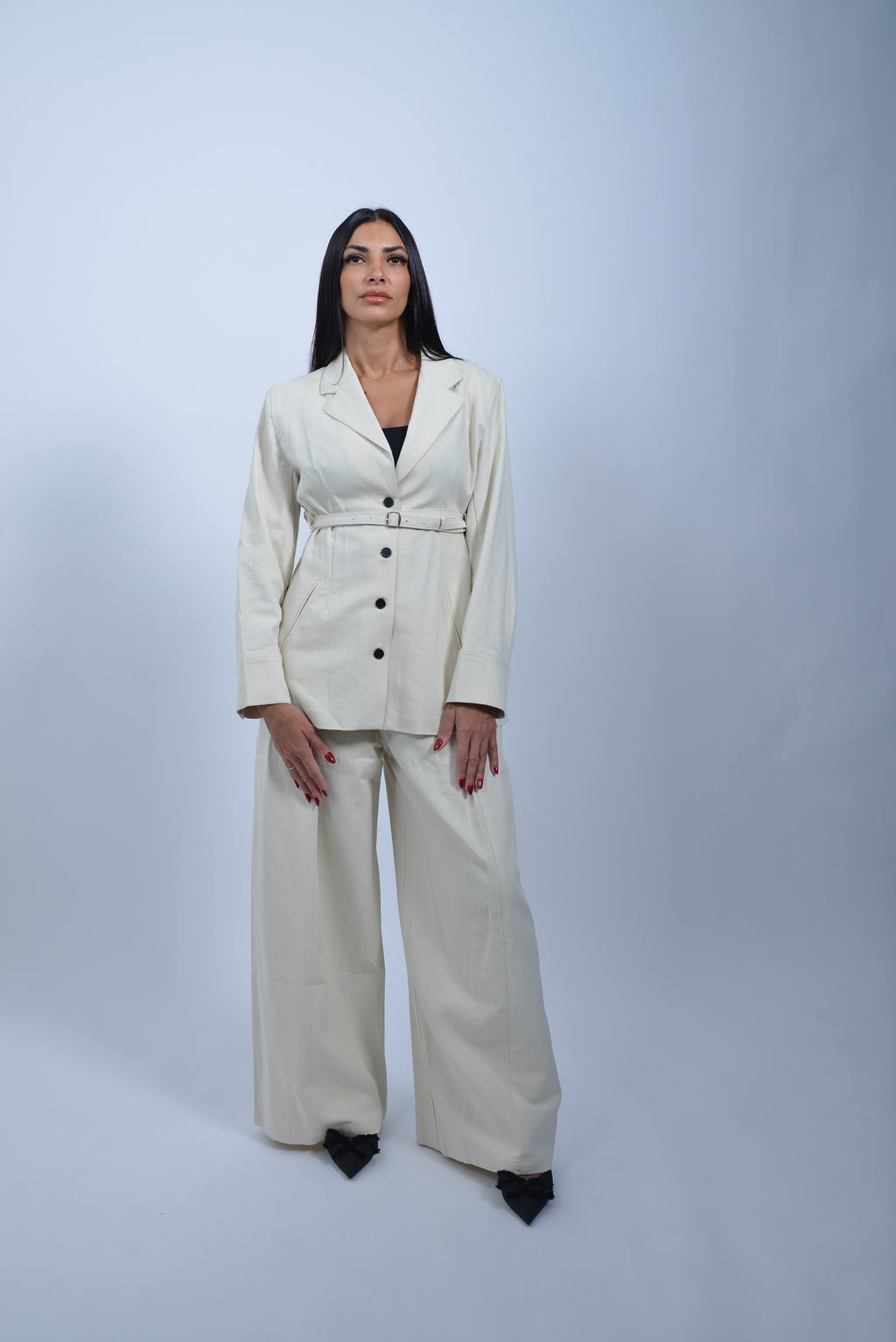 Blazer Ceinturé en Coton & Lin – Beige