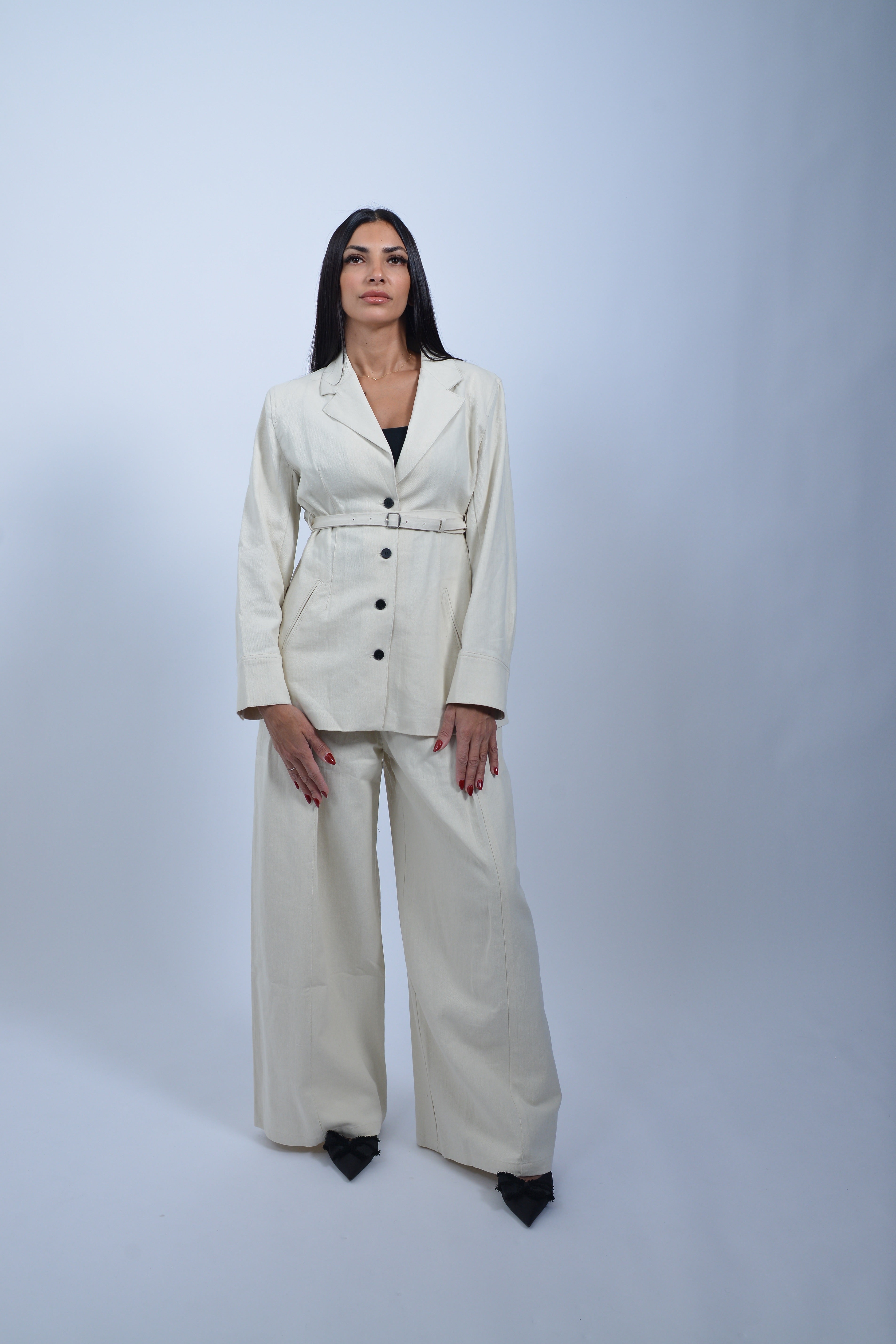 Blazer Ceinturé en Coton & Lin – Beige